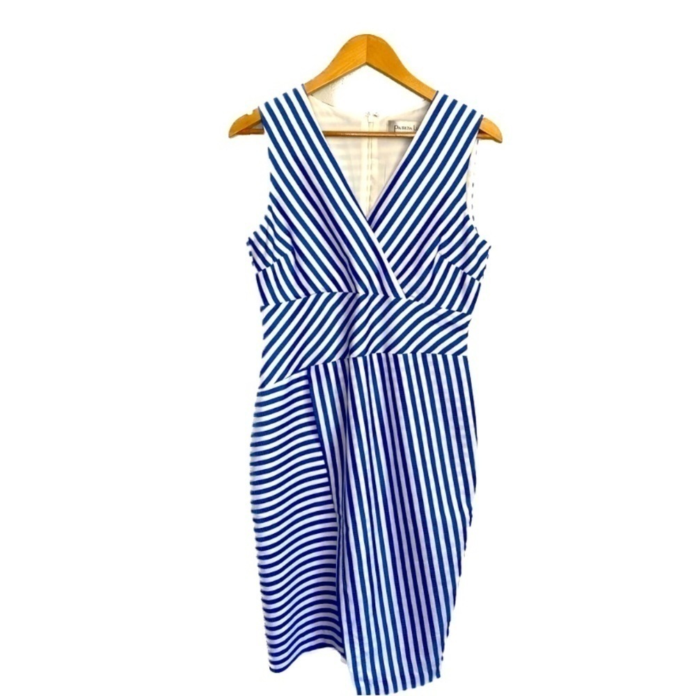 Patrizia Luca Milano Blue White Striped Sleeveless Faux Wrap Sheath Dress Sz Med